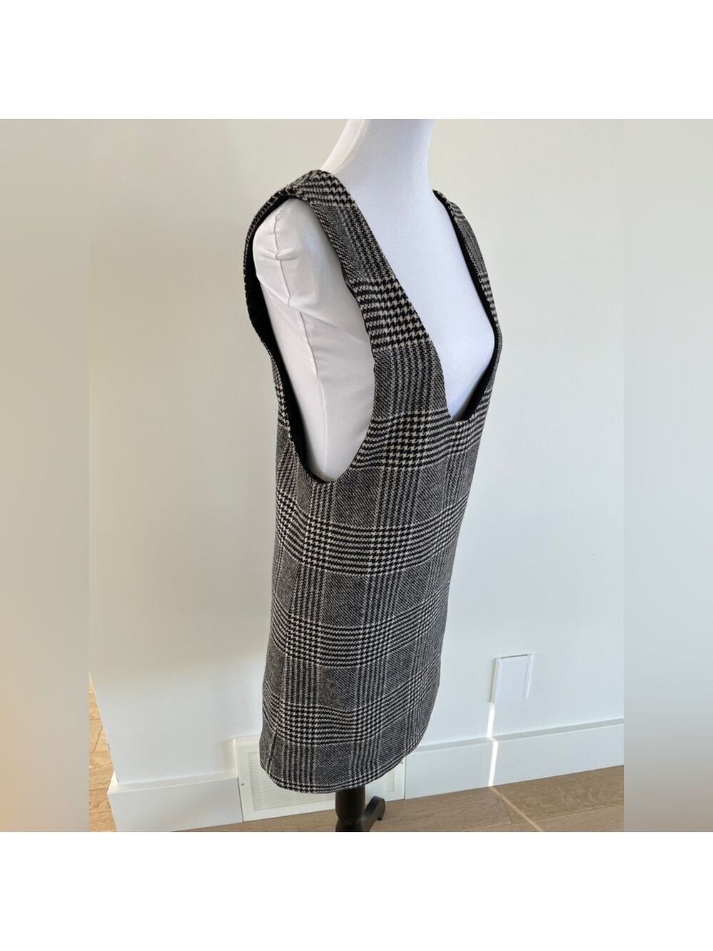 ICONE Plaid Houndstooth Pinafore Mini Dress Wool Blend Lined Academia Chic